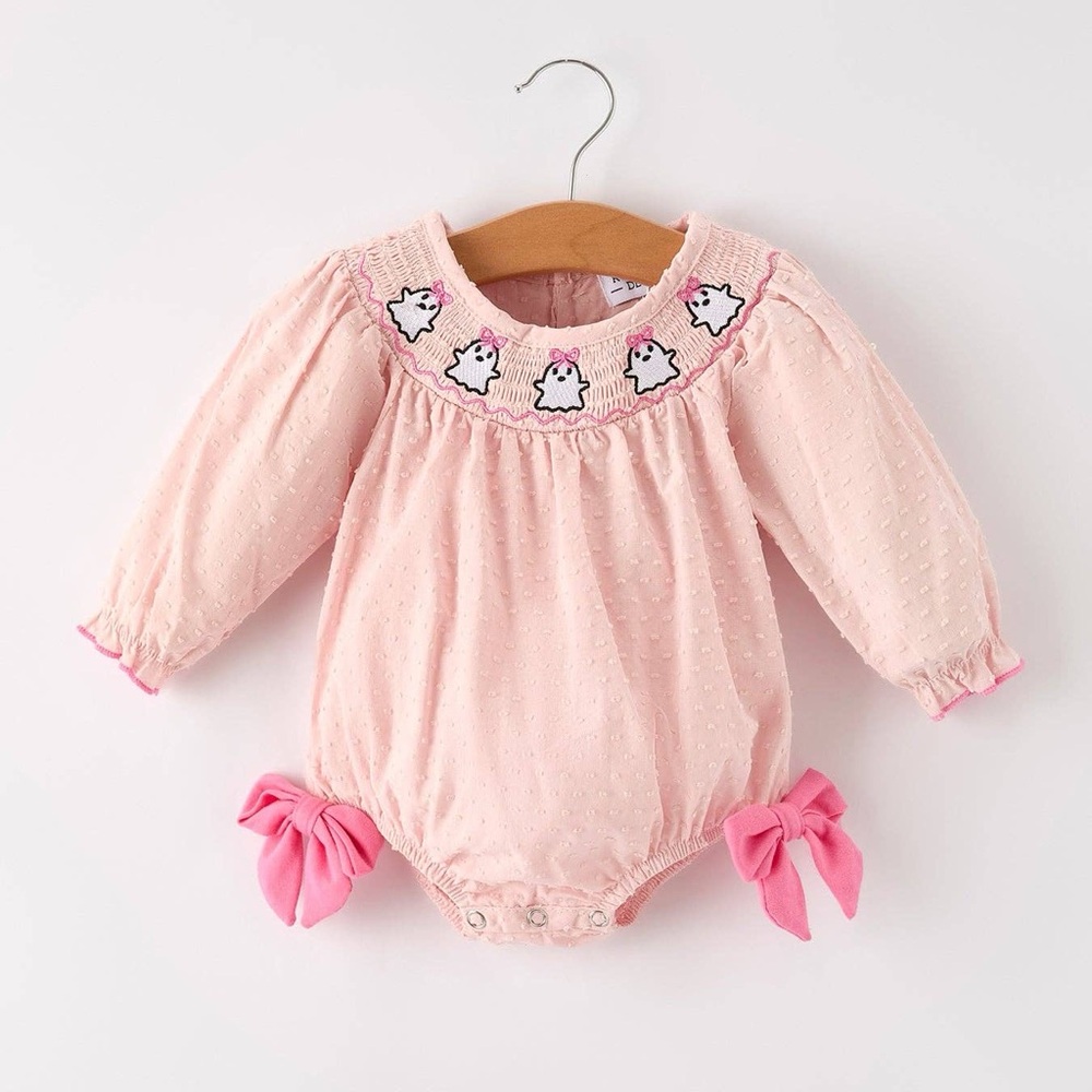 Rylee Faith Designs Ghost Halloween Bow Smocked Bubble Romper 3 6 12 18 months